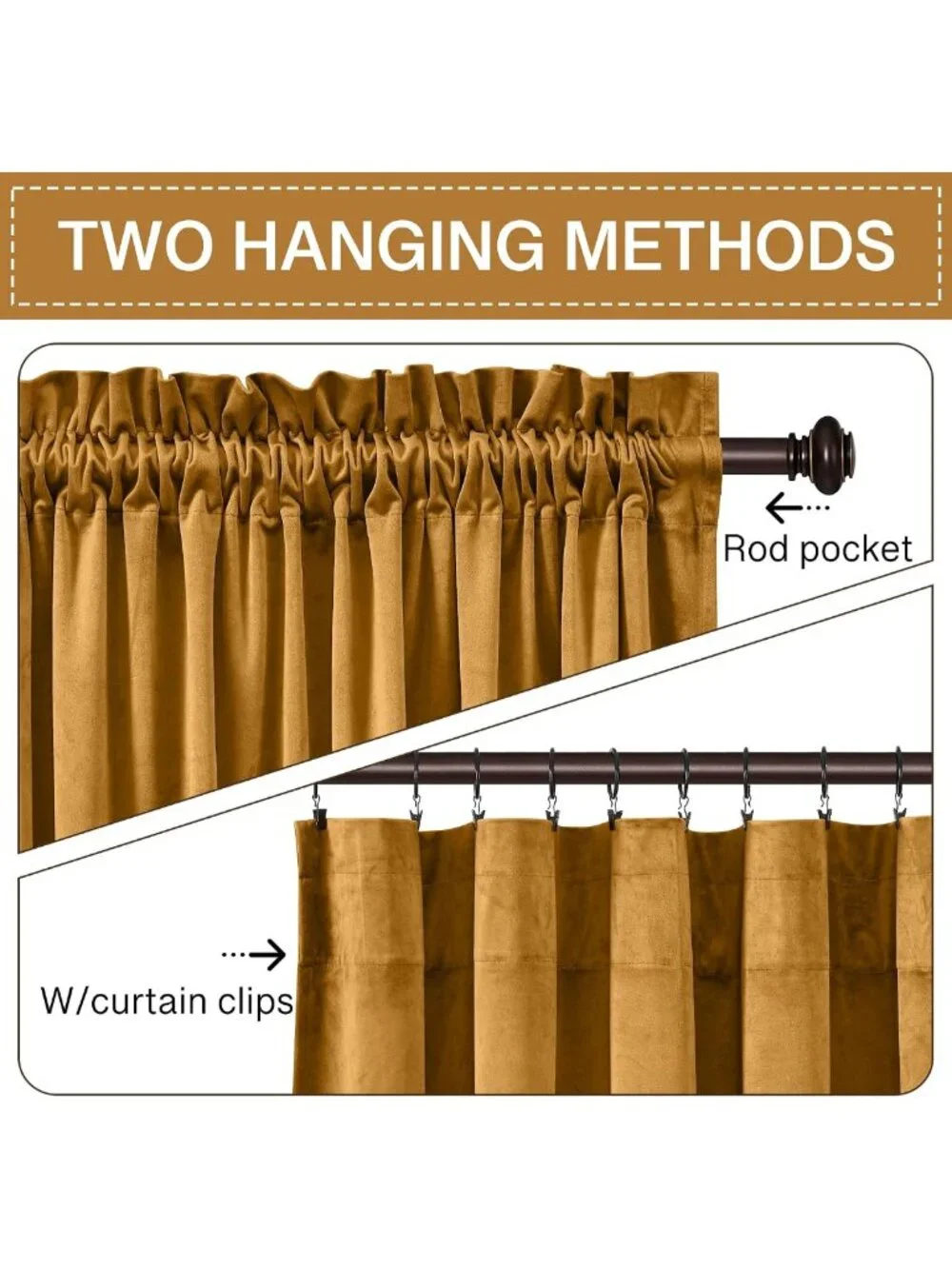 Luxurious Mustard Gold Velvet Room Darkening Curtains, 105” Long, 2 Panels
